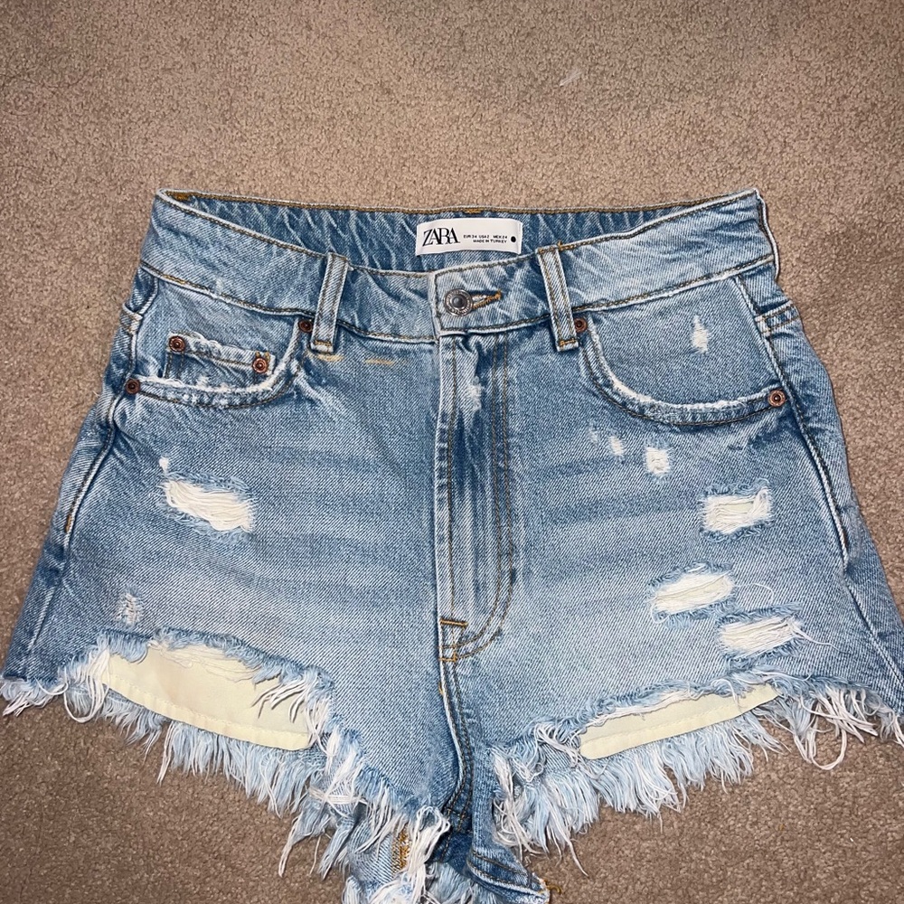 Zara Faded Blue Distressed High-Rise Denim Shorts